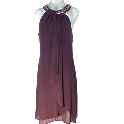 Liz Jordan - Maroon Beaded Neck Frill Front Dress (Size 10)