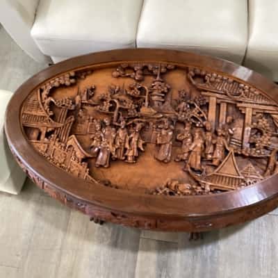 Authentic Chinese sold hardwood intricately sculptured coffee table with protective thick glass top