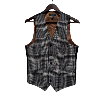 As New Gianni Feraud Mens Size 36 Houndstooth Wool Blend Vest Black / Brown / White 