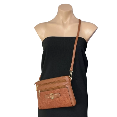  Womens Brown Textured Floral Patterned Cross Body Bag