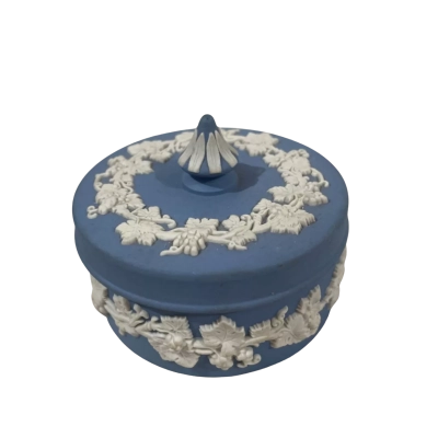 Wedgewood Blue Jasperware Lidded Trinket Box with Grapevine Motif, 8cm Diameter