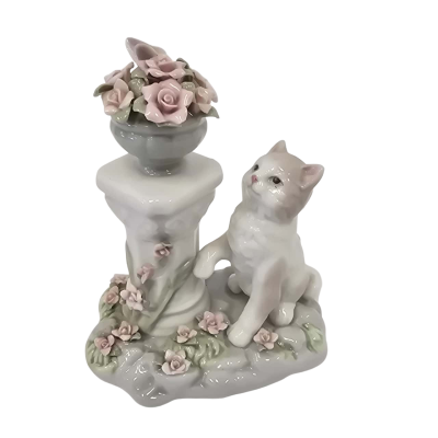 Cat and Plynth Topped with A Basket of Flowers - Adora Fine Porcelain