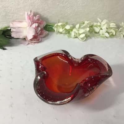 Red & Clear Bubble Glass Fluted Edge Bowl