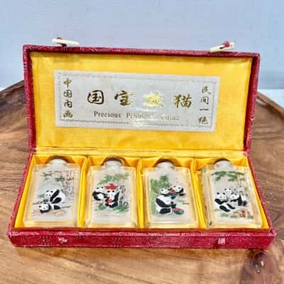 Chinese Glass Reserve Hand Painted Panda Snuff Bottles x 4 Boxed Set 