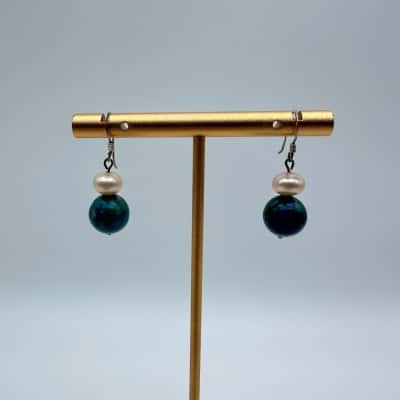 Blue & Green Stone With Pearl Drop Earrings Stamped 925