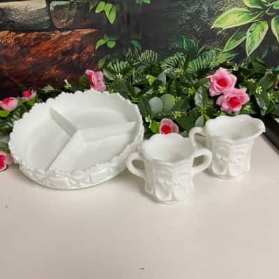 Vintage 1960’s Westmoreland milk glass divided dish, jug and sugar bowl 