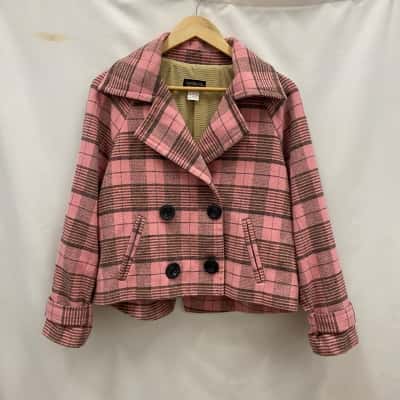 Veducci Made In Australia Women's Size 12 Wool Blend Cropped Jacket Checked / Pink  