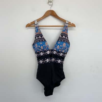 Meet. Curve Black Blue Pattern One Piece Swimsuit Size M 