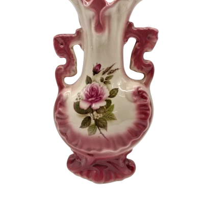 A DOUBLE HANDLE PINK FLORAL BUD VASE