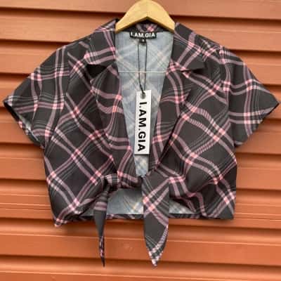  I.AM.GIA Womens Size S Black/Grey /Pink Plaid Tie-front Blouse   