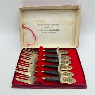 Vintage Thailand Brass & Rosewood Dessert Forks Set of 6