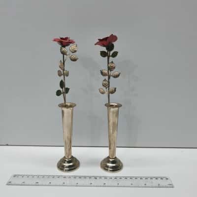 Vintage Pair Brass Bud Vases Metal Red Rose Flowers Taiwan Inc 20cm