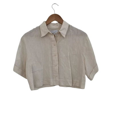 Witchery Womens Linen Size 6 Button Up Top / Cropped Top / Short Sleeve Top Beige 