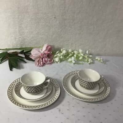 Wm Adams & Sons Real English Ironstone "Sharon" Brown Shamrock Pattern 2 x Cups Saucers & Plates