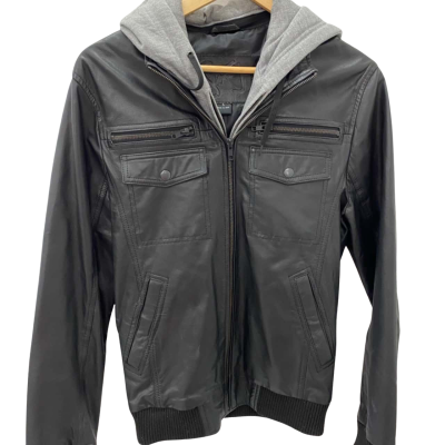 Stray  Mens  Size S Hood Jacket / Leather Jacket Black  / Grey 