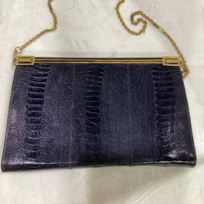 Vintage Fiorenza Ostrich Leather handbag, Navy with gold trim
