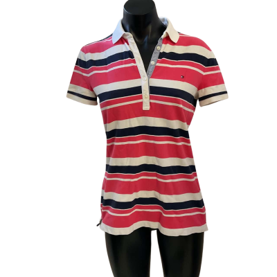Tommy Hilfiger Womens  Size S Polo Shirt Navy Blue / Pink  / Pinstriped / White 