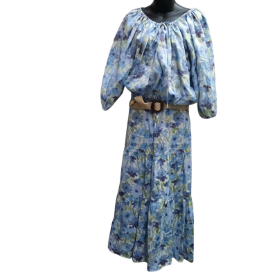 SPORTSGIRL 100% Linen Size 10 Floral Pattern Peasant Style Slightly Cropped Top With Balloon Sleeves