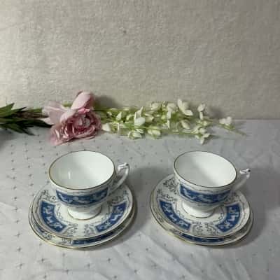 Coalport "Revelry" White / Blue Cherub Pattern Bone China 2 x Cups Saucers & Plates