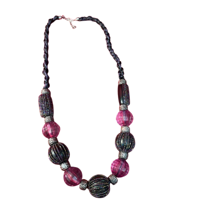  Women's Beaded Statement Necklace with Braided Cord & Large Pink  / Purple Coloured Beads