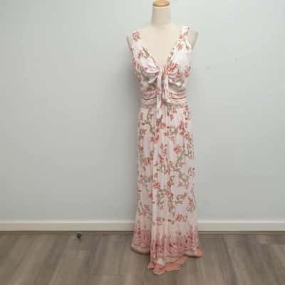 City Chic Pretty /Tie Bust/ Wide Strap /Coral Coloured Floral Summer /Maxi Dress Size S /16 