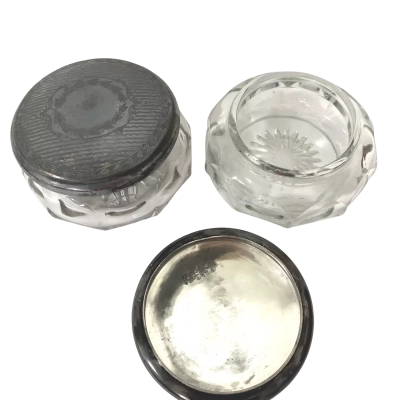 2x Vintage Wm Rogers Quadruple Silver Plate Vanity / Dresser Jar with Glass Base