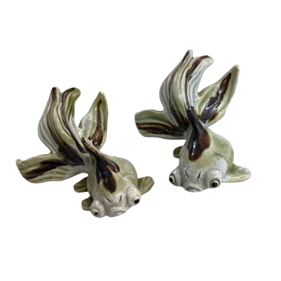 Vintage Ceramic Koi Fish Figurines Pair Drip Glaze Mini Ornaments
