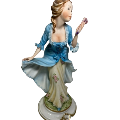 vintage Capodimonte porcelain figurine features a woman holding a looking glass, standing approximately 30-32 cm tall.