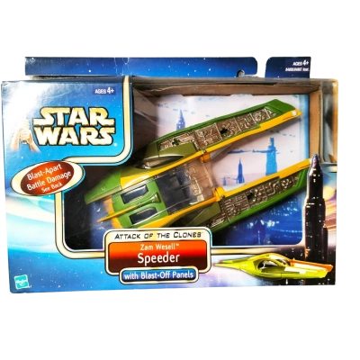 Star Wars Zam Attack of The Clones 2002. Zam Wesell Speeder with Blast-Off panels. Made by Hasbro No 84888