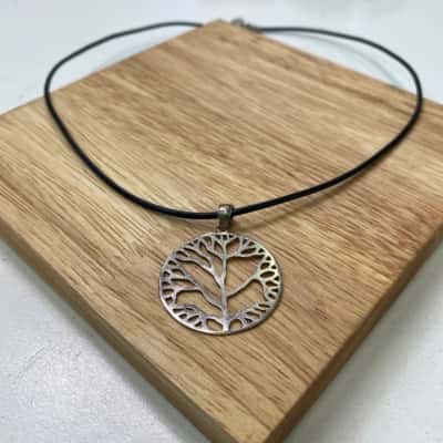  Womens Necklace Black leather with 925 stamped Silver pendant
