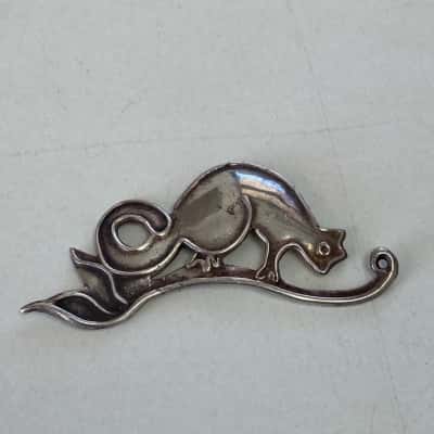 Vintage Art Nouveau Style Brooch Sterling Silver Stylized Cat