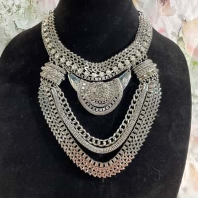 Heavy Silver Toned Layered Necklace with Rhinestones 