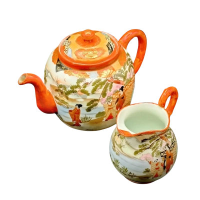 Vintage Japanese Kutani Porcelain Teapot & Creamer Jug With Hand Painted Geisha Scenes Design  (brica shelf)