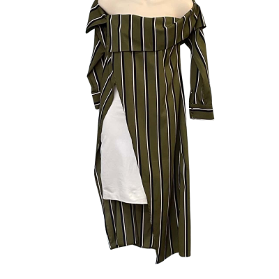 RUNAWAY Womens Size 10 Long Sleeve/Off-the-shoulder Top Khaki/Striped