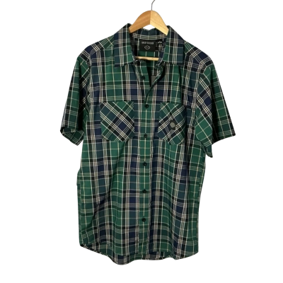 Harley Davidson Mens Size M Green / Navy Blue / White / Beige Checked Short Sleeve Shirt (new)