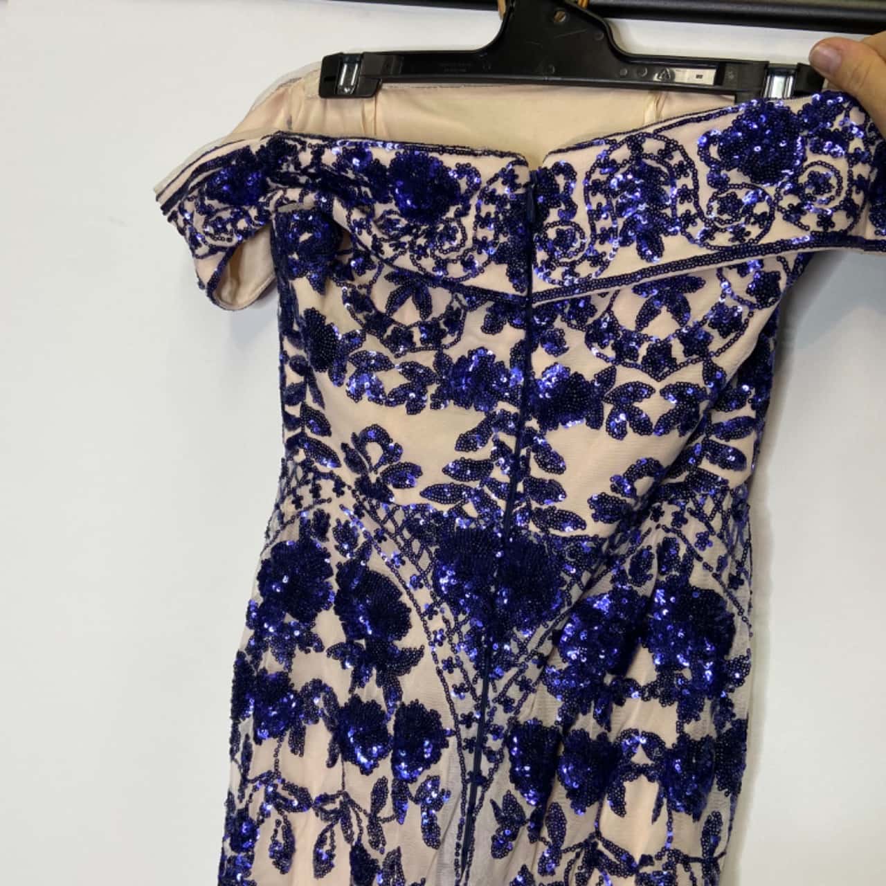 Bariano Womens Size 10 Maxi Off The Shoulder Jolly Sequin Dress Blue / Nude  BNWT RRP $319.95(s) - New With Tags | Salvos Stores