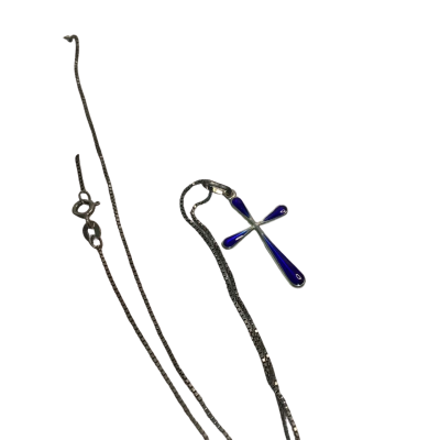  Womens S/Silver Blue enamelled Cross on chain