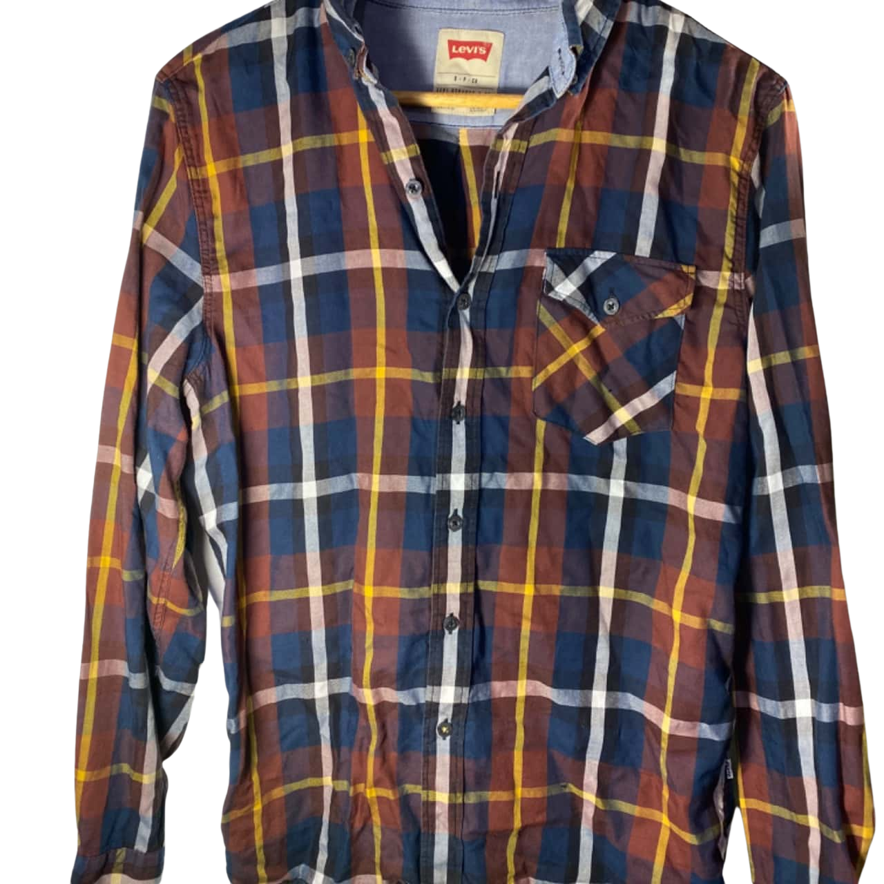 levis-mens-size-s-long-sleeve-shirt-blue-brown-checked-s