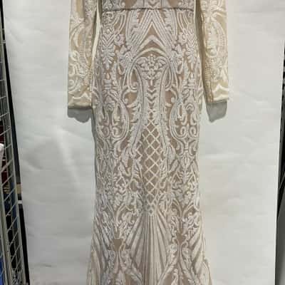 Women's BOOHOO Sequined Formal Dress  Size 10 Nude with white overlay 