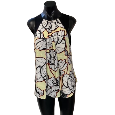 Cue Womens  Size 10 Singlet Top Black  / Orange / Pattern / White / Yellow 