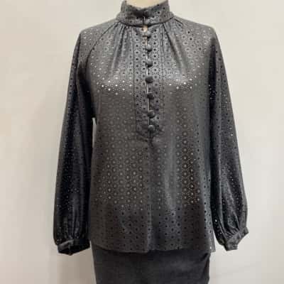 Zara Womens  Size S Long Sleeve PU cutouts Shirt Black  / Floral 