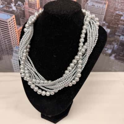 Statement Necklace.  Silver Grey Faux Pearl Necklace. 