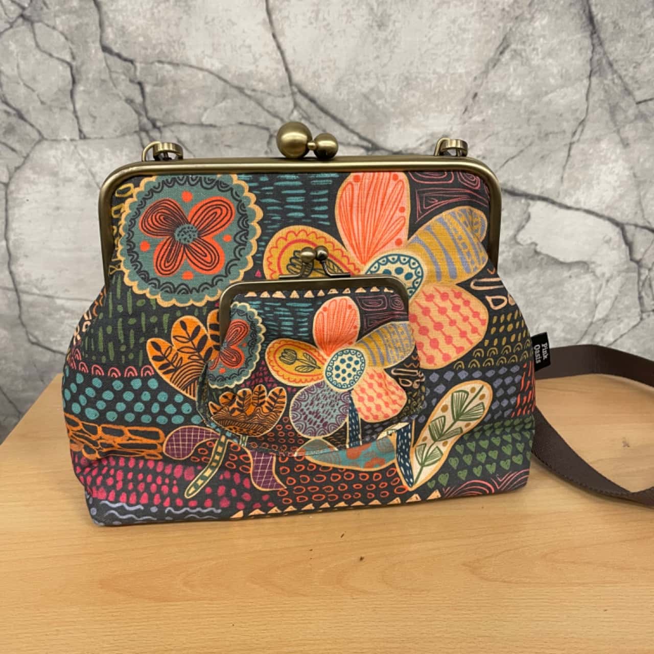 Pink Oasis Doodle Flora Handbag and Crossbody 2 Way Bag, Leather and Linen, Brand New with Tags