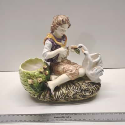 Vintage Ceramic Figurine Planter Vase Boy Feeding Swans Geese Pastoral Retro