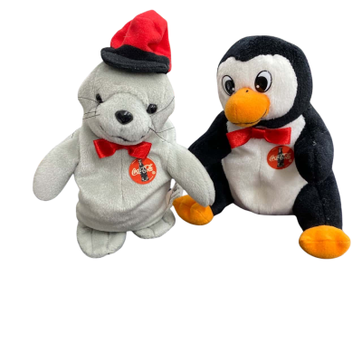 Lot of 2 1997 Coca Cola Beanie Plushies Penguin & Seal