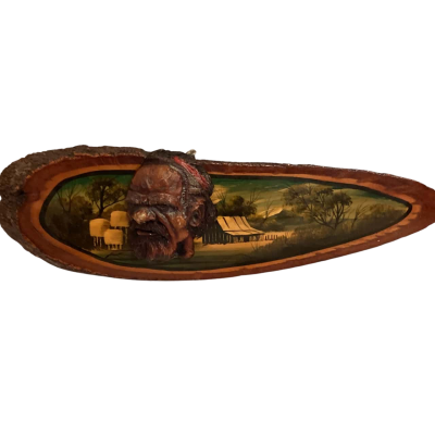 Australiana painting and wood carving on timber/bark. 