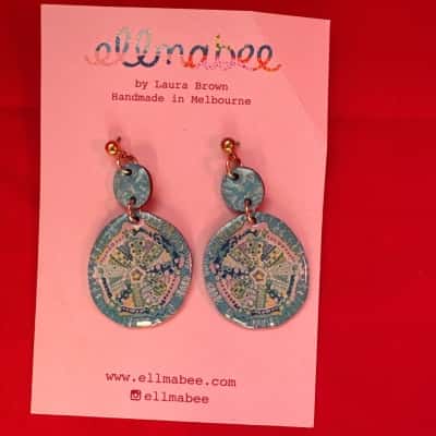  Women's Handmade Ellmabee By Laura Brown Earrings featuring Blue & Green Pattern Discs Crafted in Melbourne 