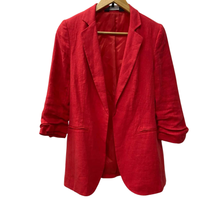 SOSANDAR - Womens Ruched Sleeve 100% Linen Open-Front Blazer - Size 8 - Red