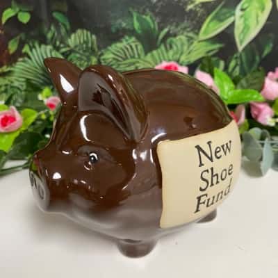 Cute brown ceramic pig Money box ‘New Shoe Fund’