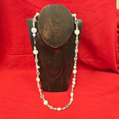  Womens Beaded Necklace Silver Tone with Quartz, Pearl, Silver and Irridescent Beads